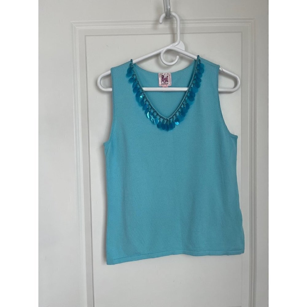 Pink Poodle Embellished Blue Tank Top